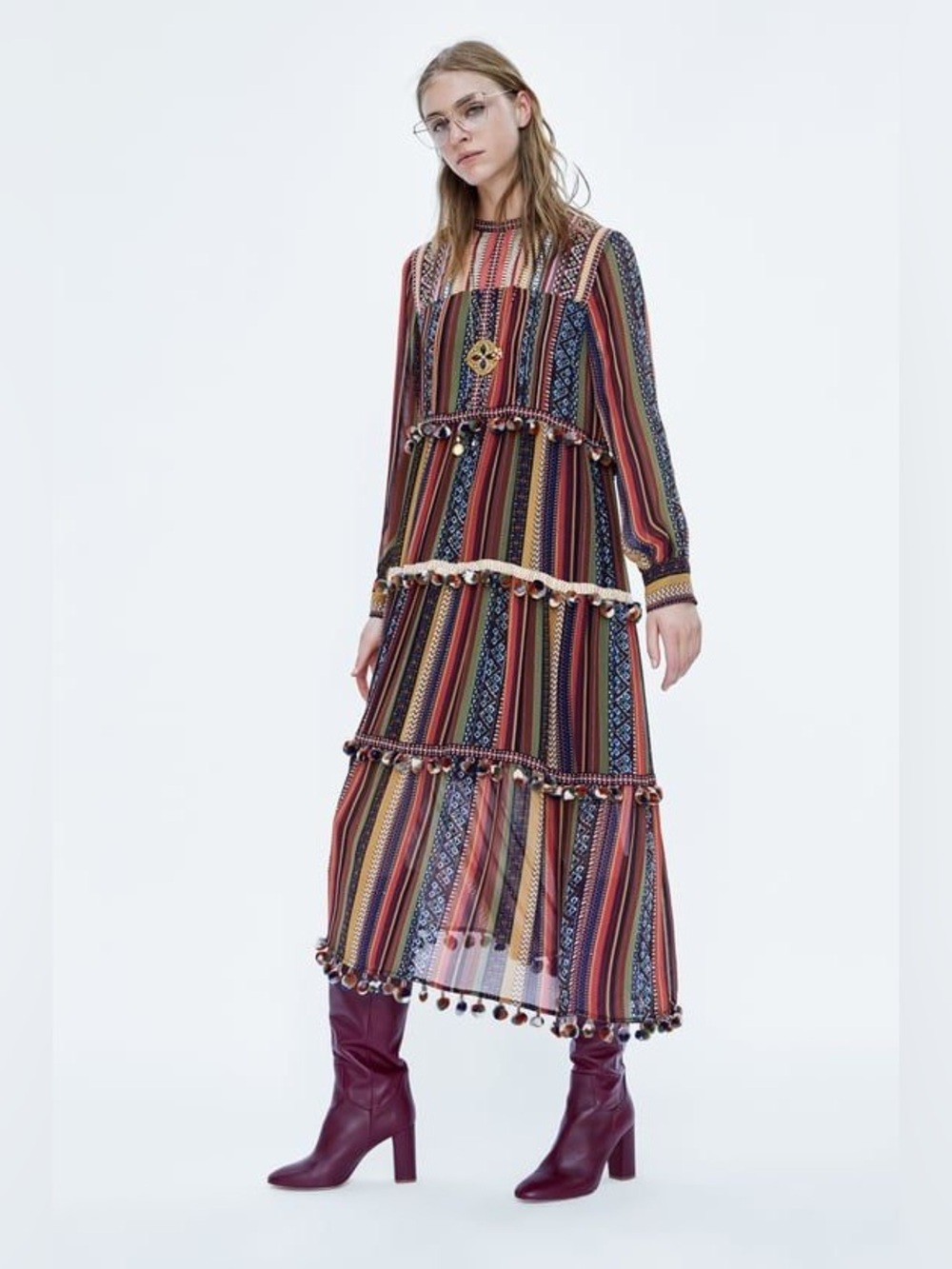 Zara Striped Pom Pom Midi Dress sz L
